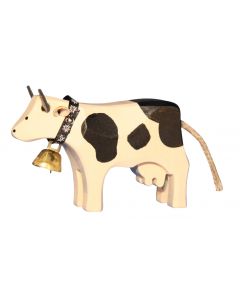 Kuh aus Holz, mit Glocke, schwarz  gefleckt